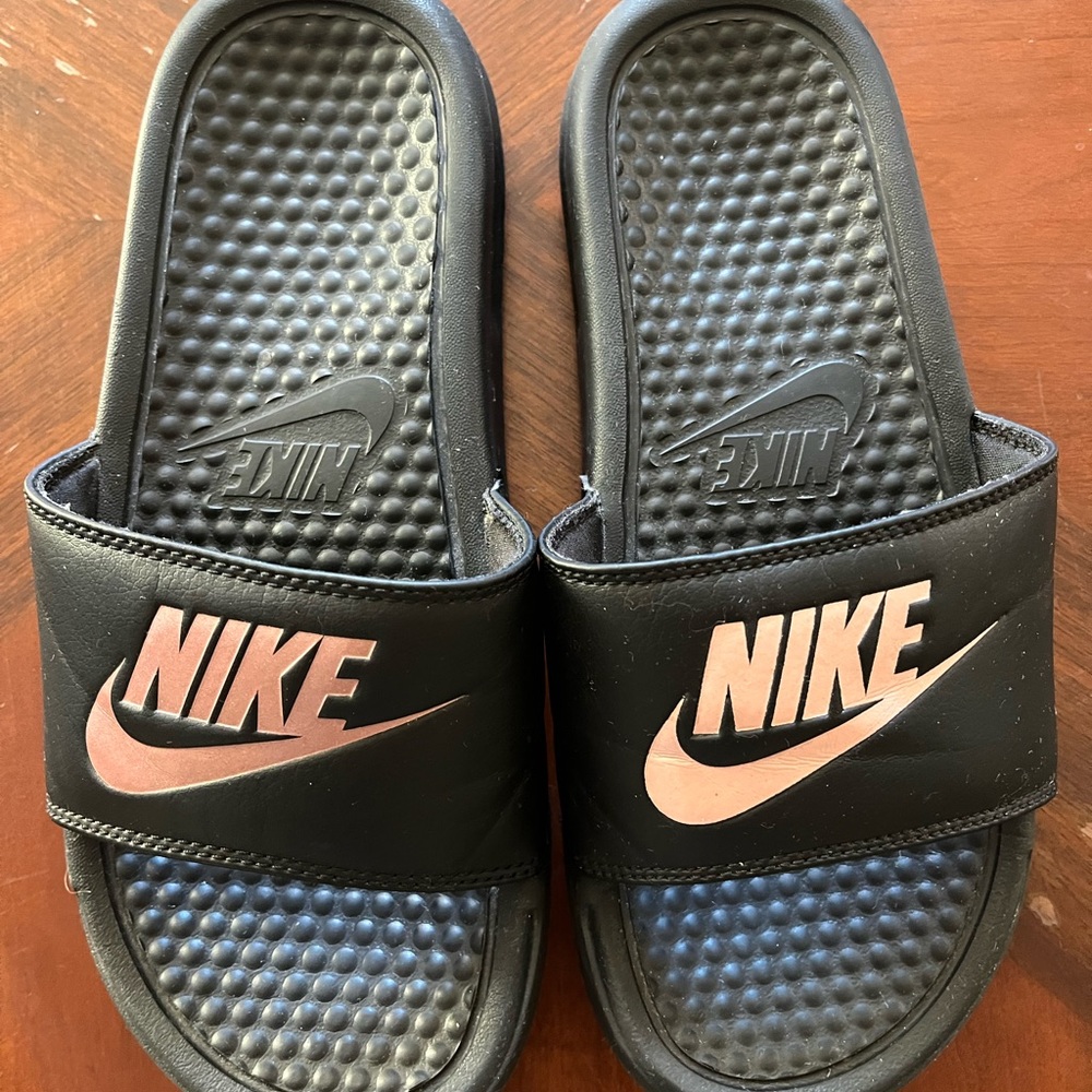 Nike Black and Pink Slide Sandals
